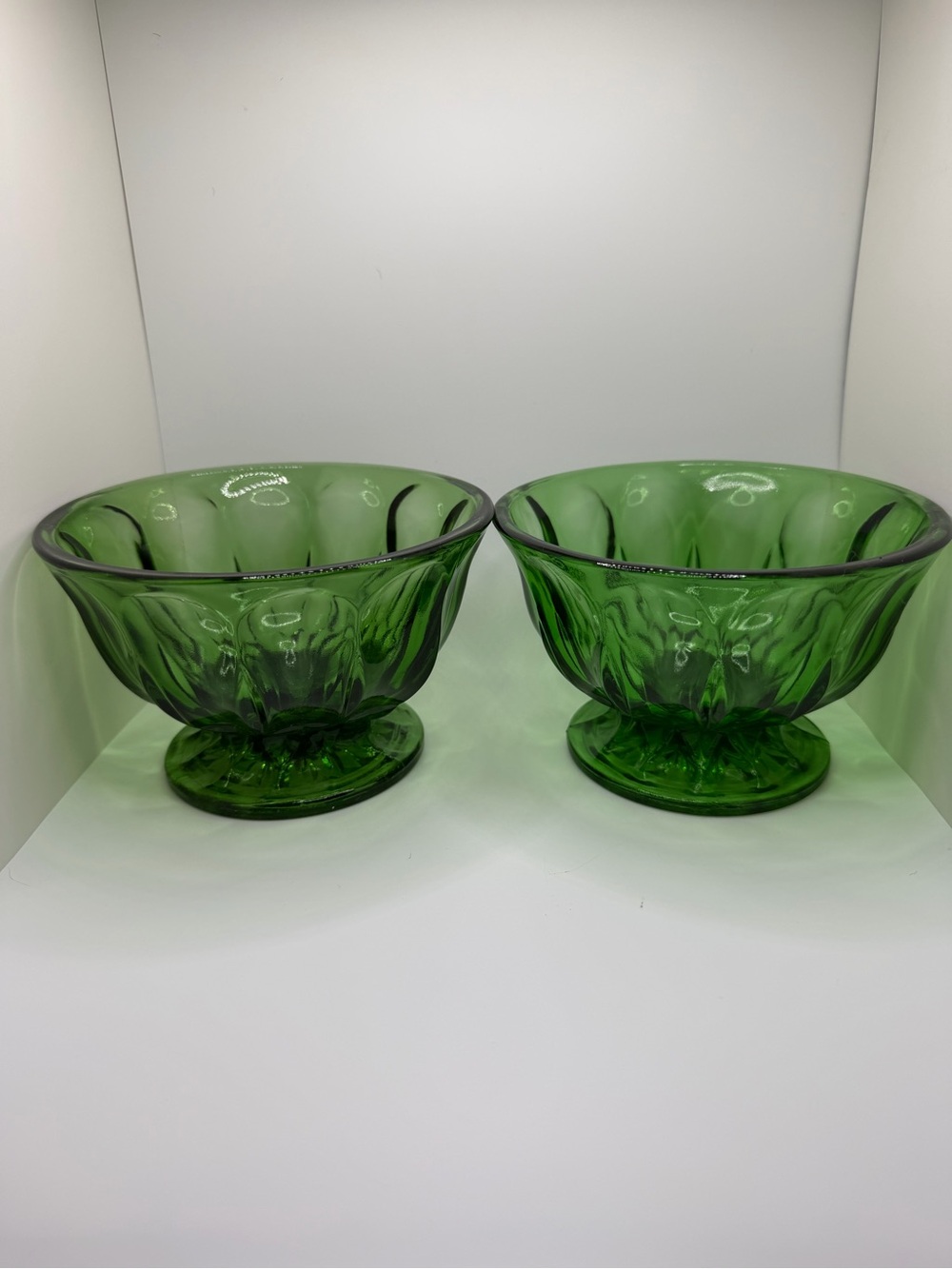 Anchor Hocking Green Glass Pedestal Bowls - Set of 2